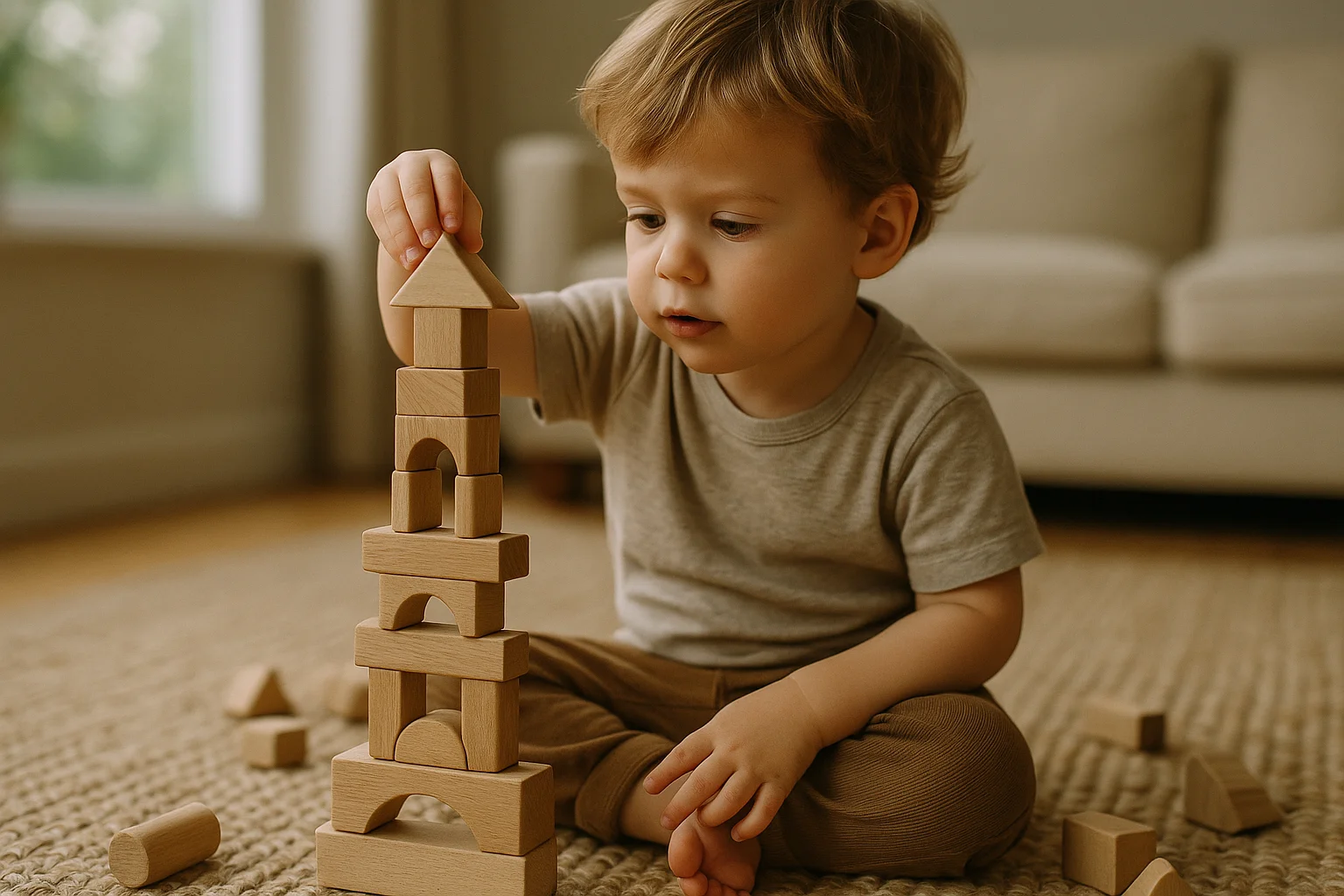 Enfant de 3 ans assis sur un tapis construisant une tour complexe avec des blocs en bois naturel brut de différentes formes g